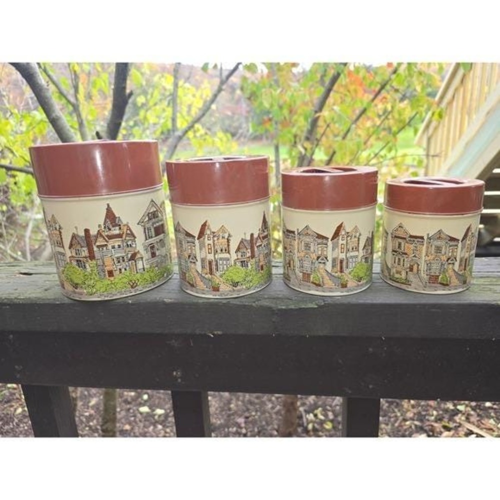 Vintage Takahashi San Francisco Victorian Houses Tin Canister Set, Set of 4‎